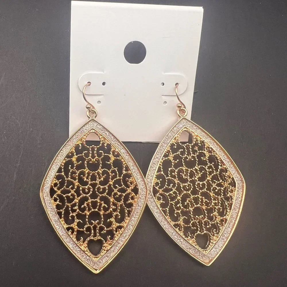 5/$25 New Gold Filigree Marquise Dangle Earrings – Boho Statement Jewelry